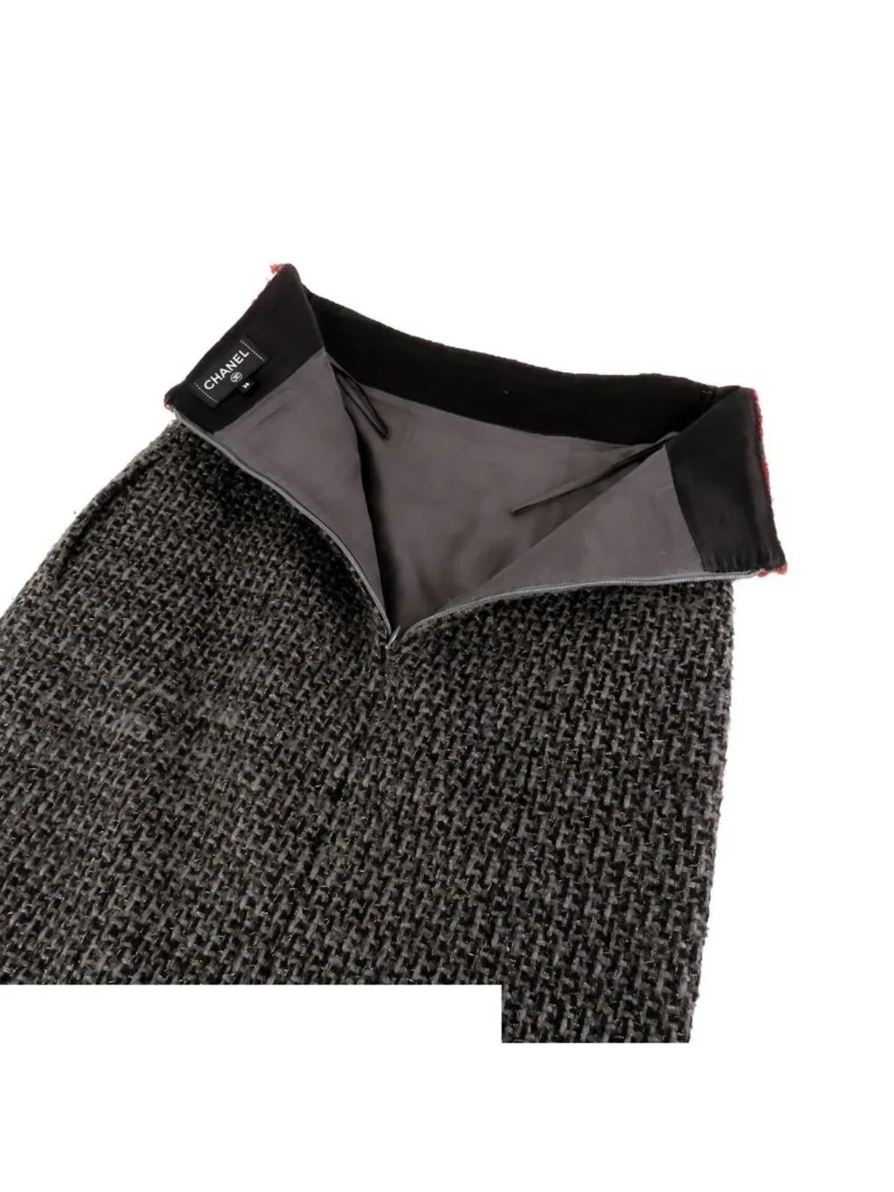 Chanel Tweed Skirt Coco Button Gray Red Acrylic Cotton 36